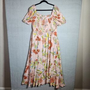 For The Republic Womens L Floral Pink Orange Blue Green Maxi Tiered Dress